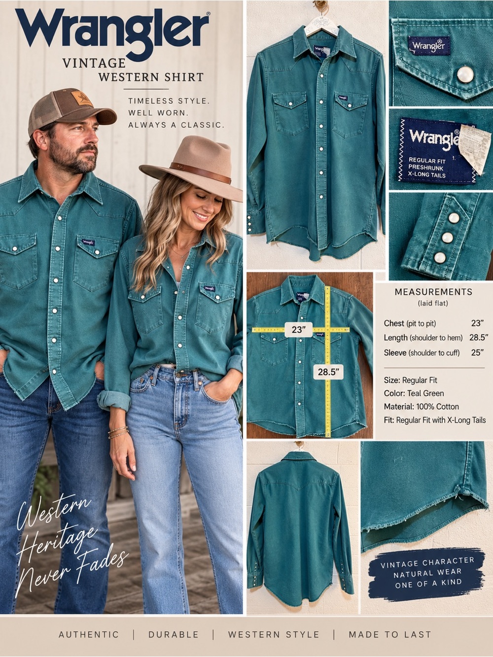 Wrangler vintage Teal Green Western Button-Down distressed pearl snap Shirt